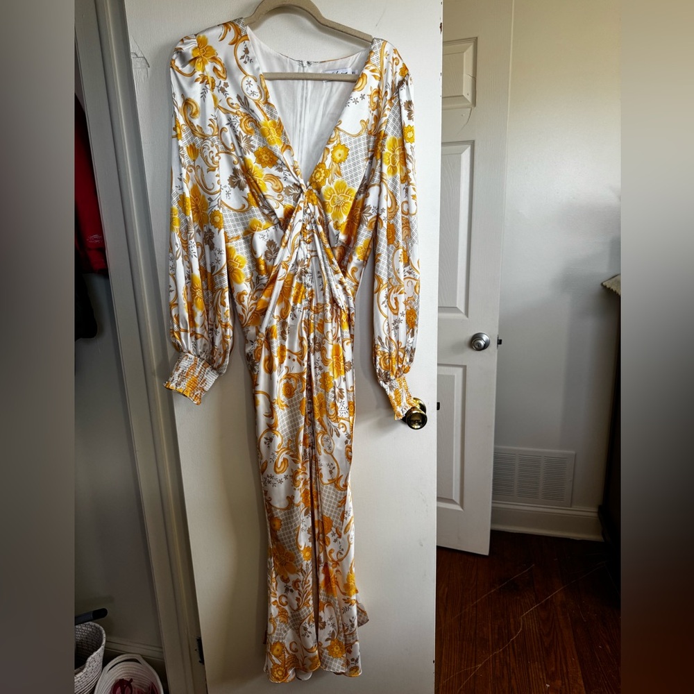Petal & Pup White and Mustard Yellow Floral Twist-Front Maxi Dress